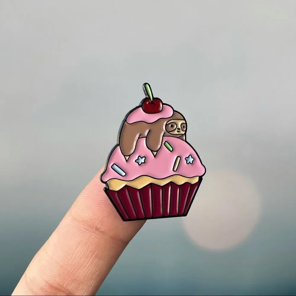Sweet Sloth Pink Cupcake Enamel Pin/ Brooch Lapel